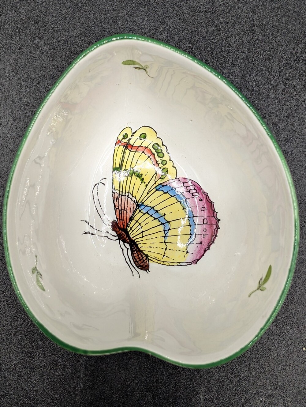 Herend Heart Leaf Shaped Trinket Dish, Butterfly Hand Painted